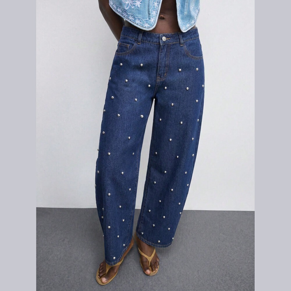 Dark Wash Studded Wide Leg Barrel Cropped Jeans with Pearl Applique